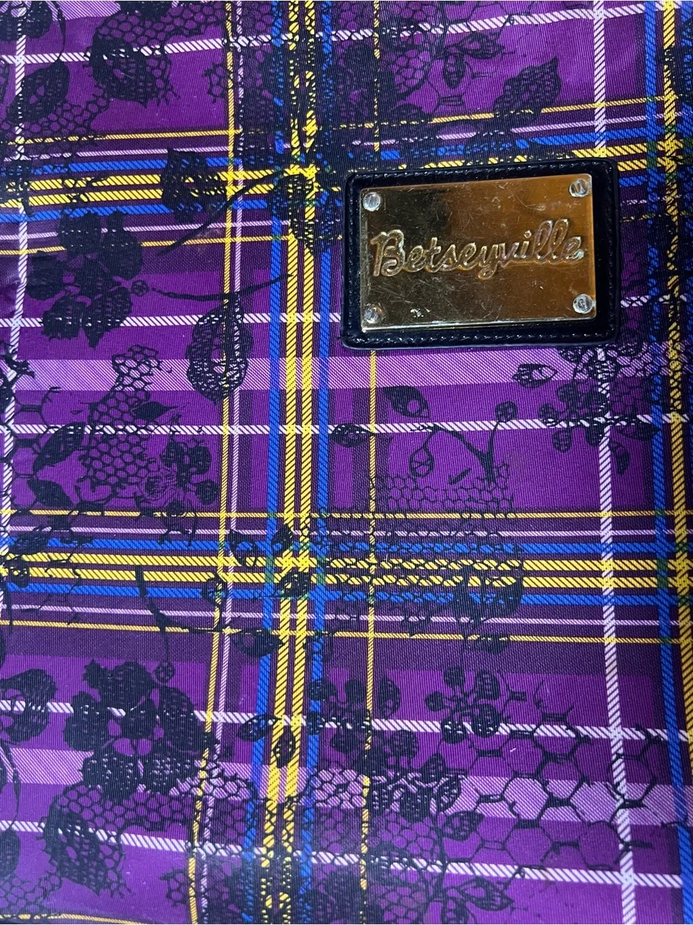 Vtg Betsey Johnson Purple Plaid and Lace design laptop bag with Gold Accents